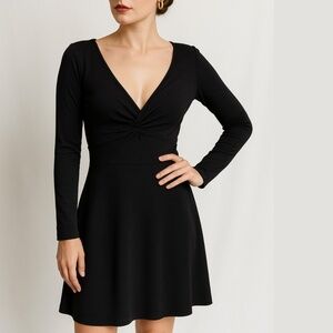 90s Donna Karan Mini Dress LBD Long Sleeve V-Neck Plunge Gathered Little Black